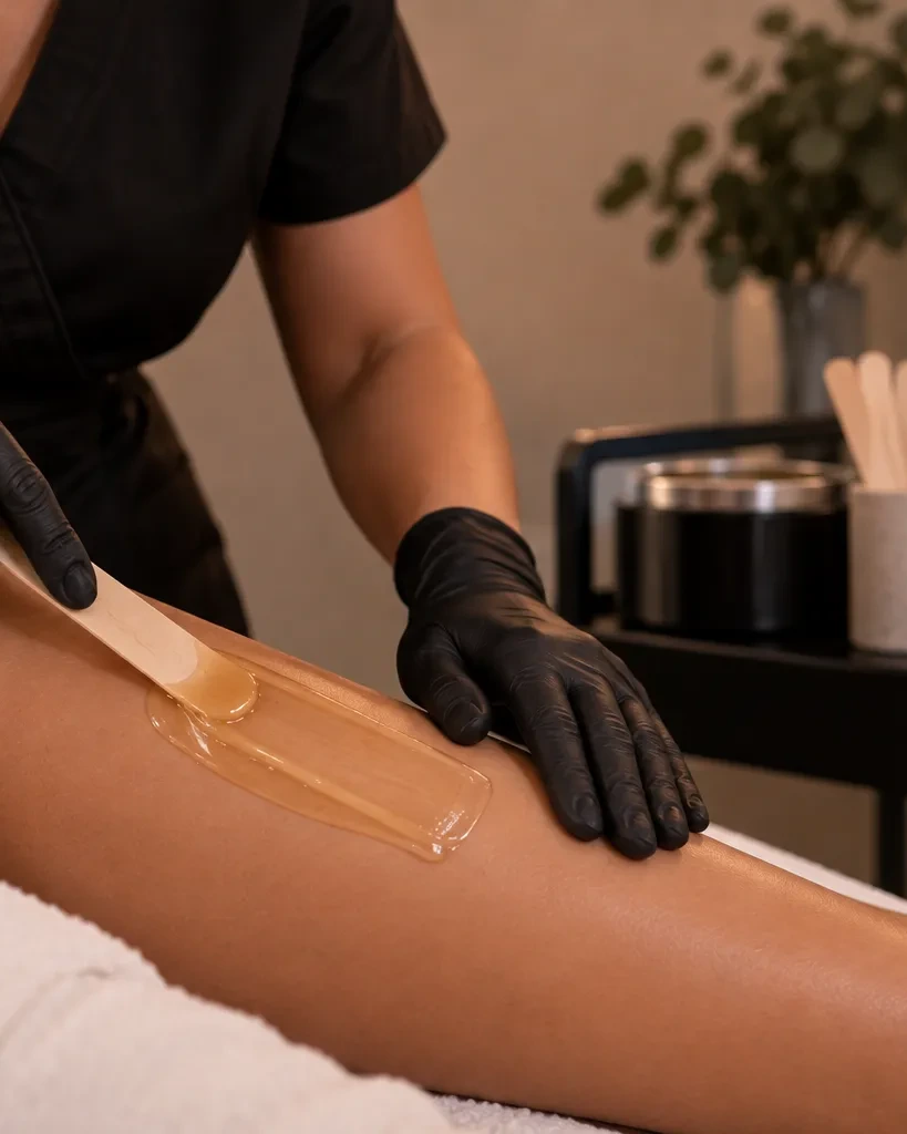 Warm wax spread along the leg with a spatula, wax pot and fresh spatulas on the trolley behind