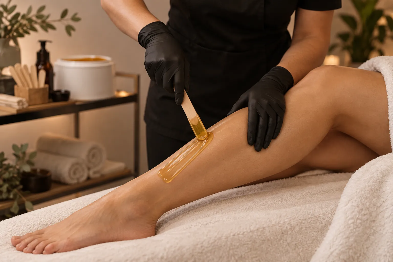 Warm wax being applied to the leg during a waxing appointment at Sophie's Beauty Room