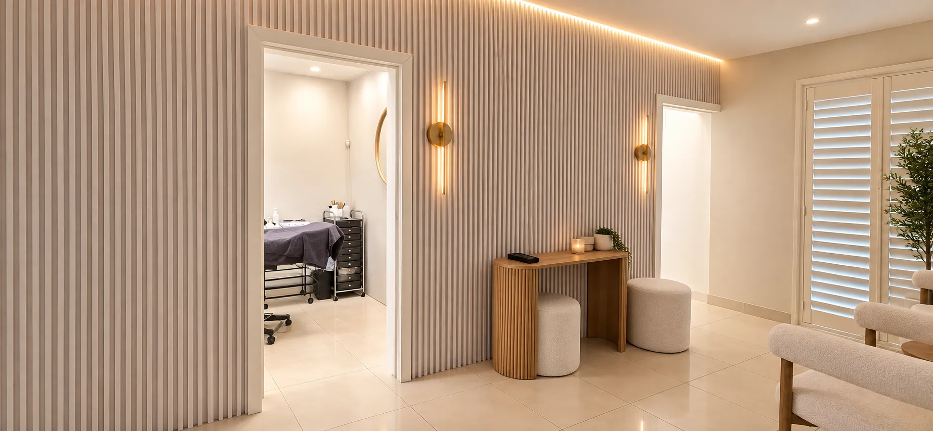 The reception area at Sophie's Beauty Room in Cecil Hills, looking through to the treatment room