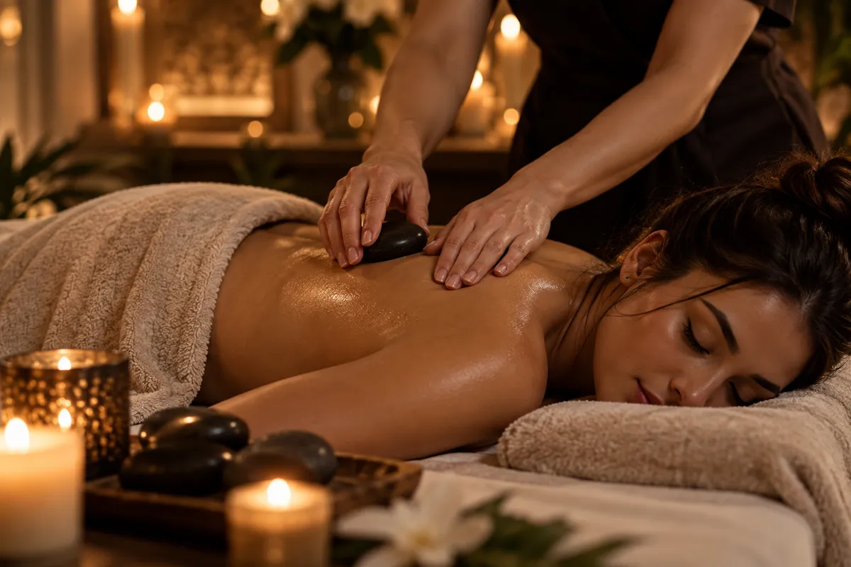 Hot stones and candles beside the massage bed at Sophie's Beauty Room